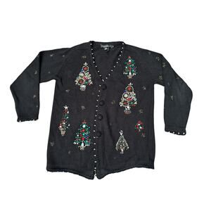 Vintage 90s Gladys Bagley Jeweled Christmas Knit Cardigan Sweater Womens Medium